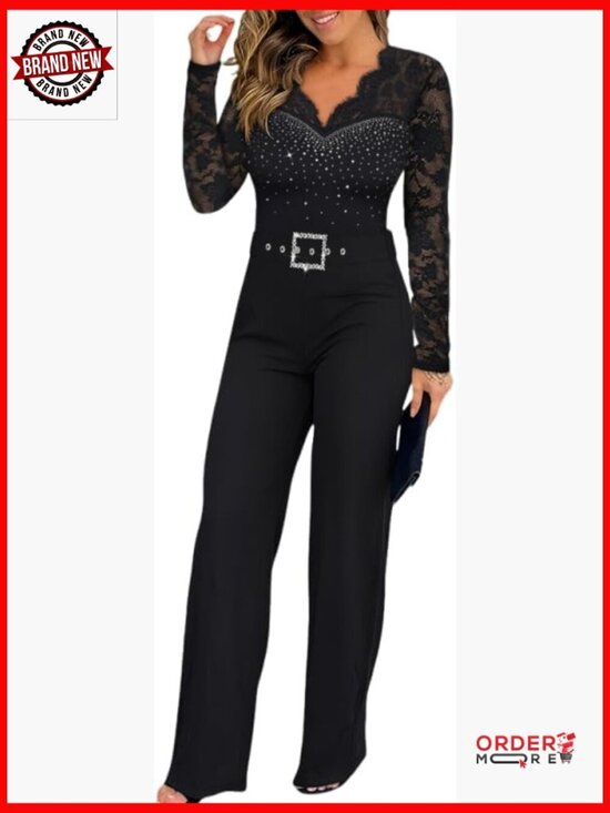 Pants - Lace Jumpsuit Rhinestone V-Neck Long Sleeve Straight Leg Evening Pantsuit